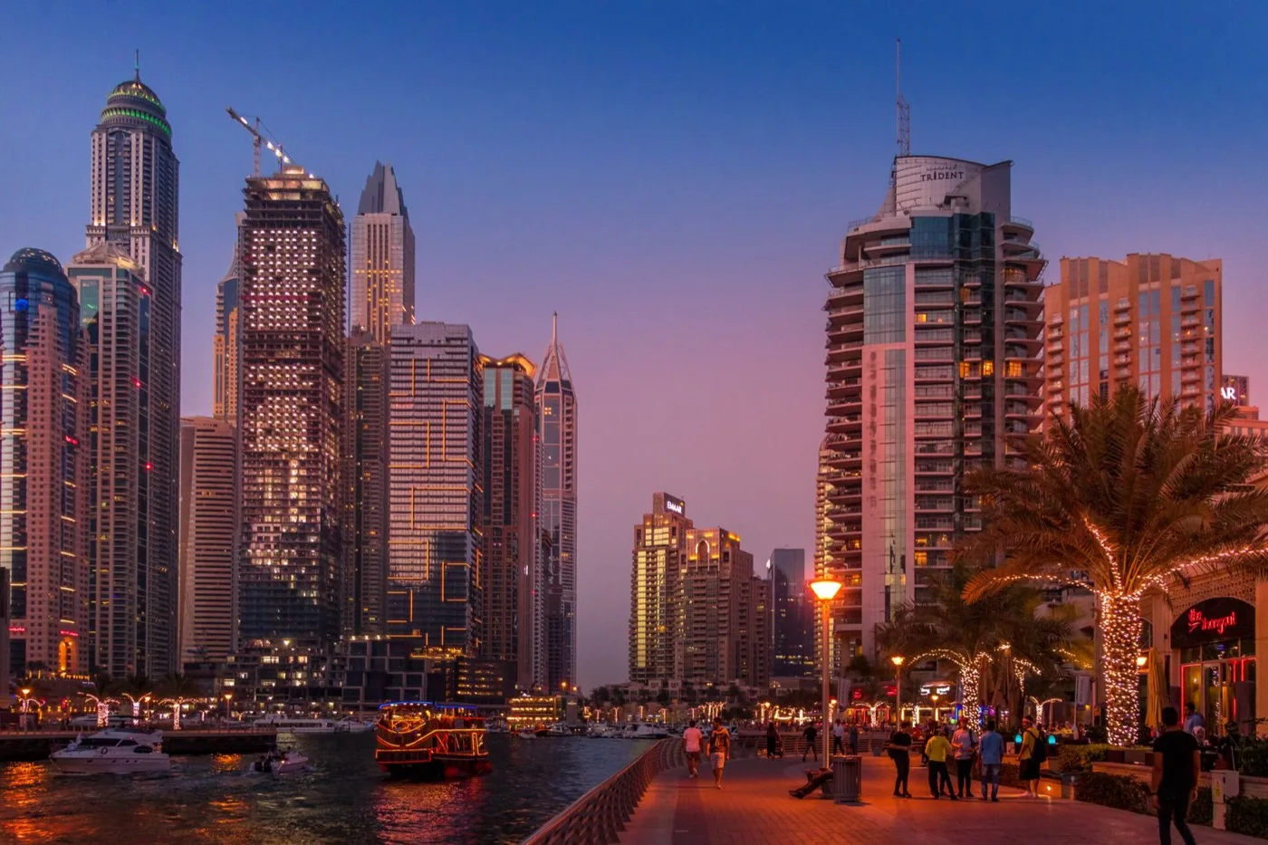 Dubai Marina skyline at sunset