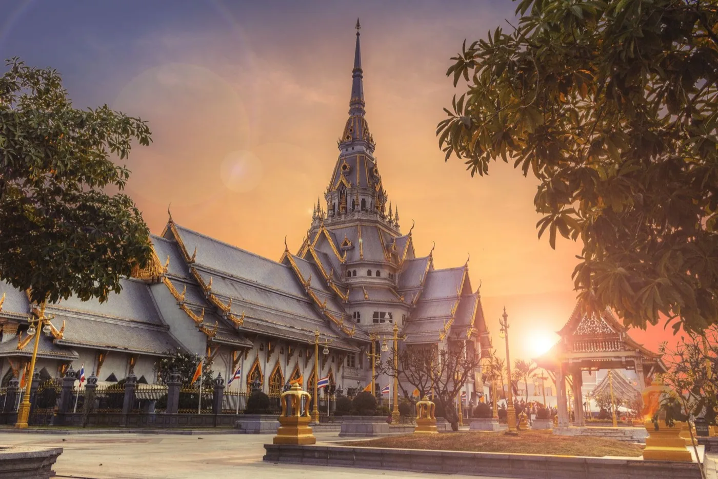 Thai temple rooftops at sunset
